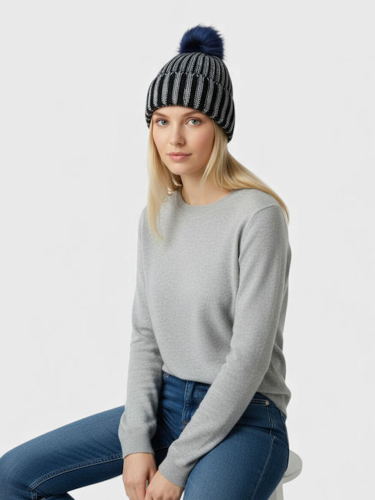 Pom Pom Beanie Γυναικείος Σκούφος Πλεκτός σε Μπλε χρώμα