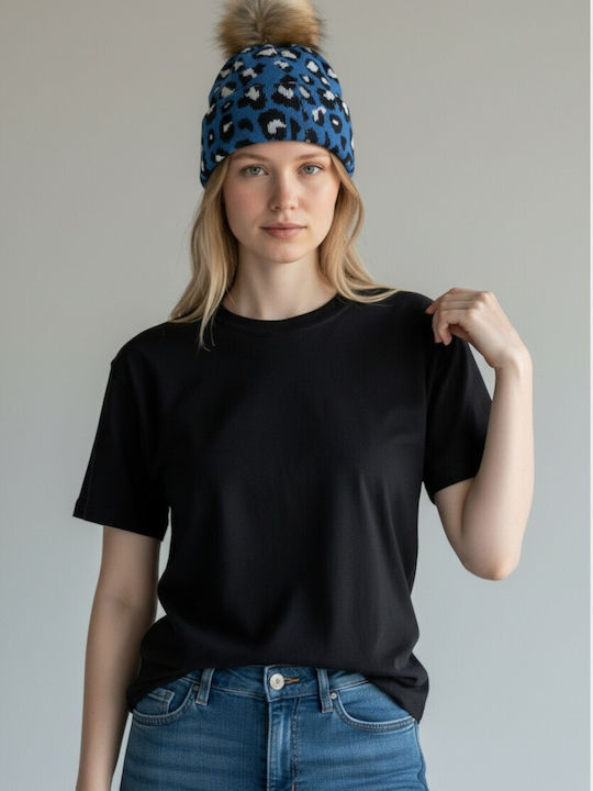 Pom Pom Beanie Beanie Knitted in Blue color