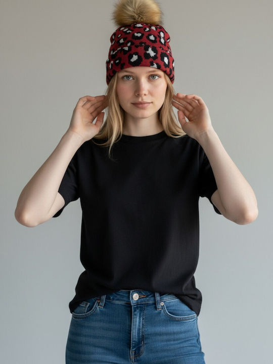 Pom Pom Beanie Γυναικείος Σκούφος Πλεκτός σε Κόκκινο χρώμα