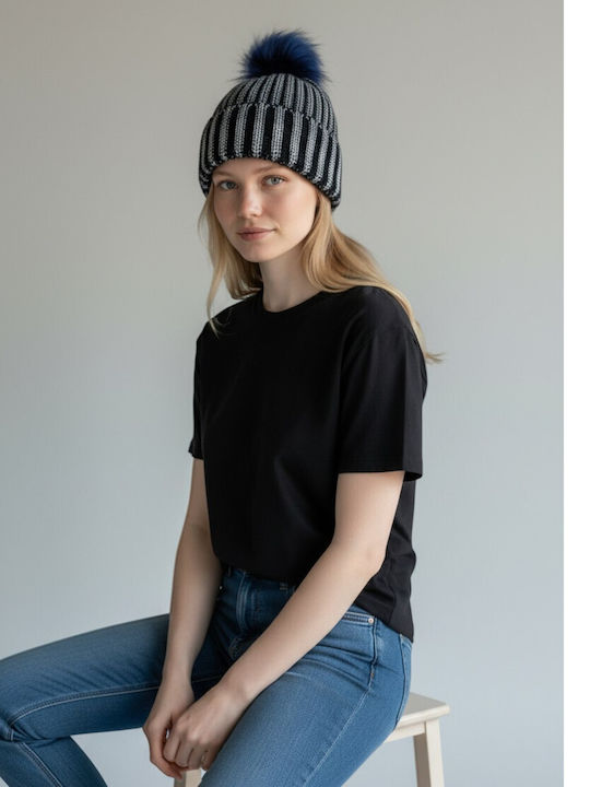 Pom Pom Beanie Γυναικείος Σκούφος Πλεκτός σε Μπλε χρώμα