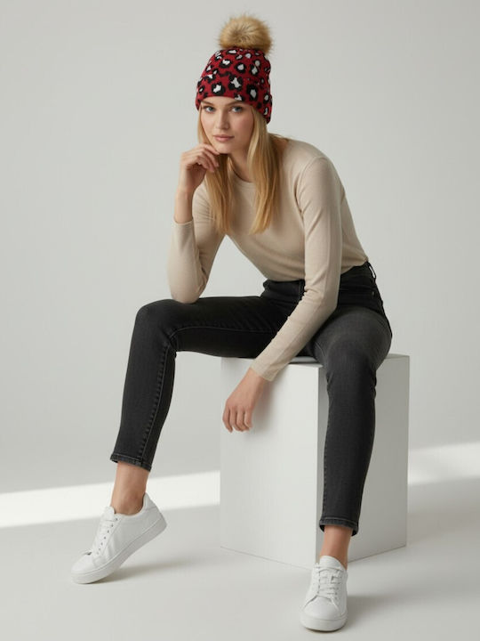 Pom Pom Beanie Γυναικείος Σκούφος Πλεκτός σε Κόκκινο χρώμα
