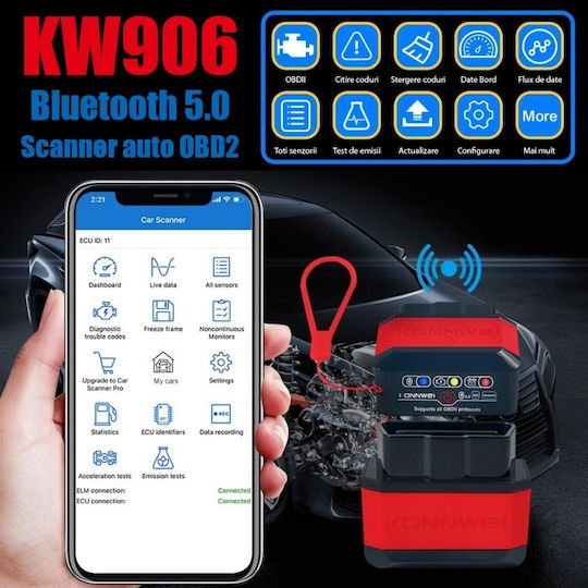Konnwei Kw906 Авто Диагностика Obd2 Bluetooth 5.0 On-off Бутон Съвместим С Android Ios Elm 327 Obdii Оранжев