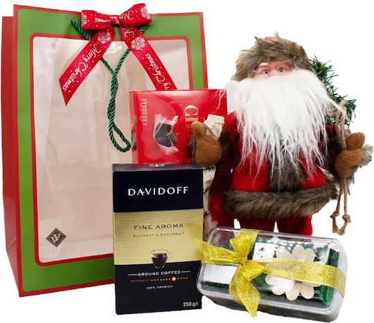 Pachet Cadou De Crăciun Vesel Moș Crăciun Cântând Dansând Praline Mon Cheri Cafea Davidoff Flori Uscate Parfumate