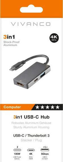Vivanco HUBHDUSBPC USB-C Docking Station mit HDMI 4K PD Gray