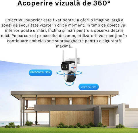 Cameră de Supraveghere 4G 9MP 3 Obiective Zoom 10x Rezistentă la Apă Acoperire Vizuală 360°