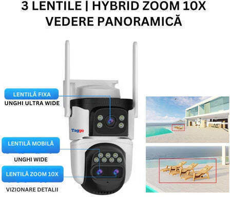 Cameră de Supraveghere 4G 9MP 3 Obiective Zoom 10x Rezistentă la Apă Acoperire Vizuală 360°
