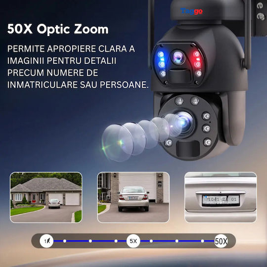 Cameră Supraveghere Wifi 4K Ultra HD Zoom 50x Cameră Dublă Încărcare Solară Rotire Controlată prin Aplicație Impermeabilă IP66