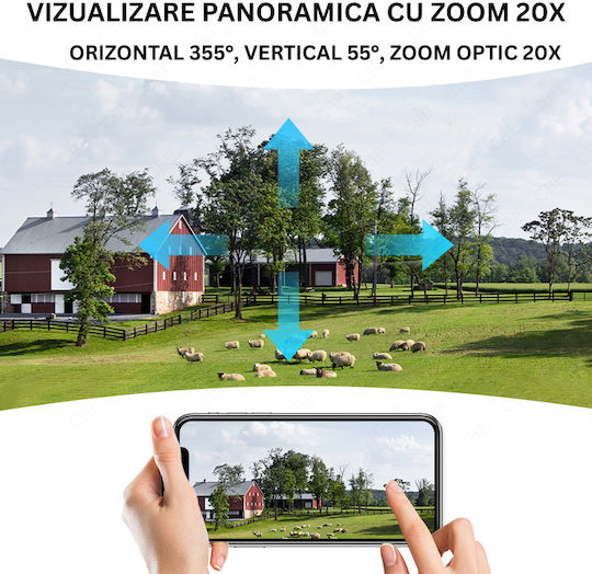 4G Камера За Наблюдение Със Соларен Панел 8MP 20x Оптично Увеличение Метална Конструкция IP66 Защита Двупосочна Комуникация Моментални Известия При Засичане На Човек
