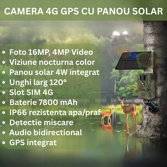 Cameră de Supraveghere Solară 4G GPS 16MP Foto 4MP Video Panou Solar 4W Baterie 7800mAh Detecție Mișcare Audio Bidirecțional IP65