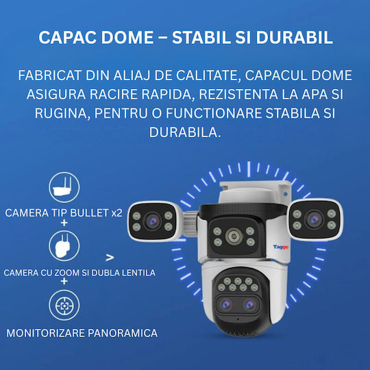 Cameră Supraveghere Wifi 16MP – Zoom 10x Vedere Nocturnă Color Audio Bidirecțional Detectare Mișcare Urmărire Automată Multi Obiectiv