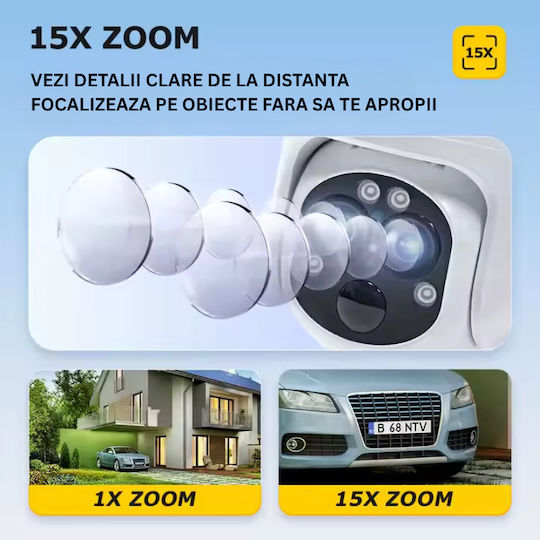Cameră Supraveghere Taggo Conexiune Wi-Fi Rezoluție 6mp Zoom 15x Încărcare Solară Exterior 3 Lentile Vedere Nocturnă
