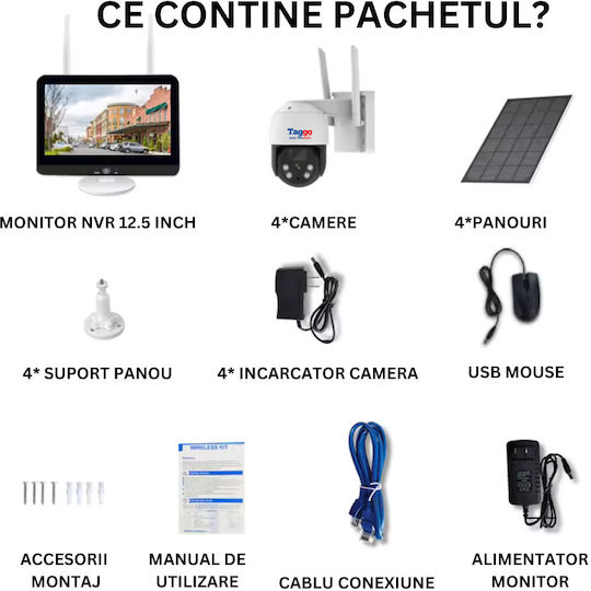 Sistem De Supraveghere Outdoor Cu 4 Camere 360 Wireless Profesional Încărcare Solară 4 Canale Hd 4mp Wireless Monitor Lcd Ir 30m