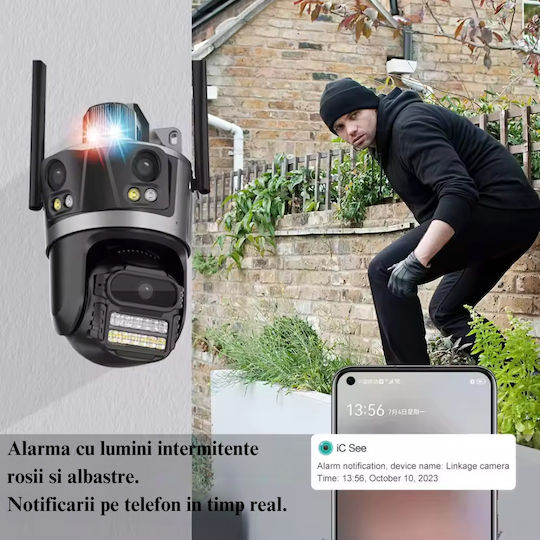 Cameră Supraveghere Wifi 4K 8MP 3 Lentile Control prin Aplicație Rezistentă la Apă Alarmă