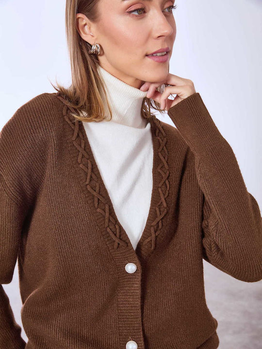 Celestino Women's Cardigan Pearls Buttons Loose Fit Dark Brown