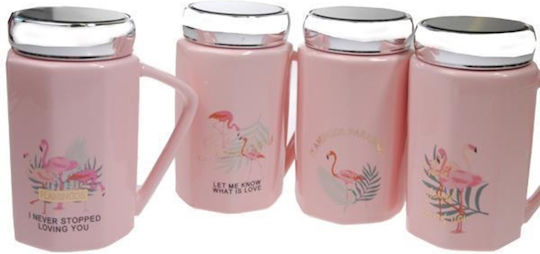 Next Flamingo Κούπα Κεραμική με Καπάκι Ροζ 4τμχ