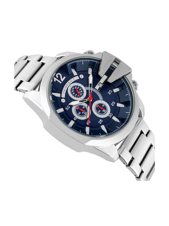 Perfect Ανδρικό Ρολόι 53mm Χρονογράφος Μπαταρίας με Μπλε Μεταλλικό Μπρασελέ