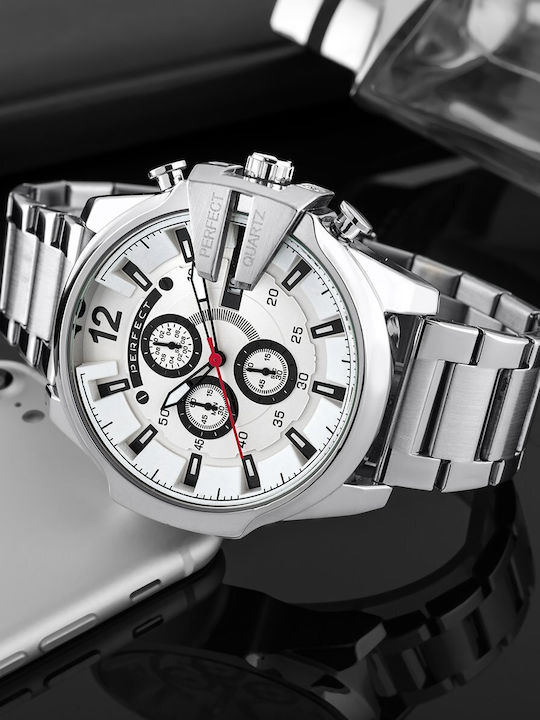 Perfect Ceas Barbatesc 53mm Cronograf cu Baterie cu Brățară Metalică Albă