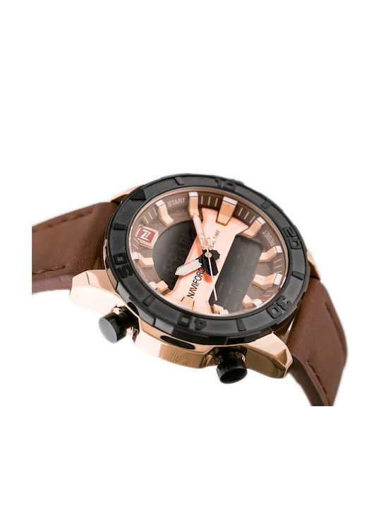 Naviforce Дигитален Мъжки Часовник 16мм На Батерия С Кафява Кожена Каишка