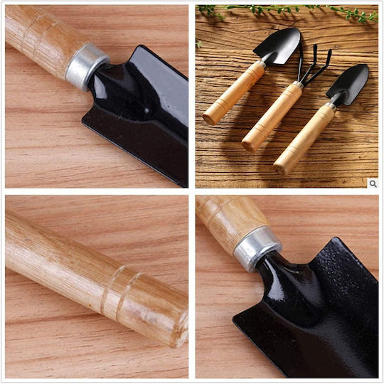 Set of 3 Mini Garden Tools Wooden Handle Shovel Fork & Rake for Pots & Bonsai