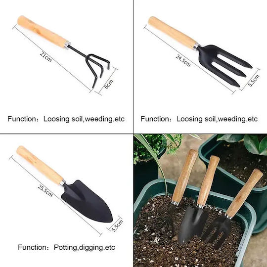 Set of 3 Mini Garden Tools Wooden Handle Shovel Fork & Rake for Pots & Bonsai