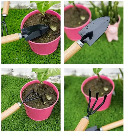 Set of 3 Mini Garden Tools Wooden Handle Shovel Fork & Rake for Pots & Bonsai