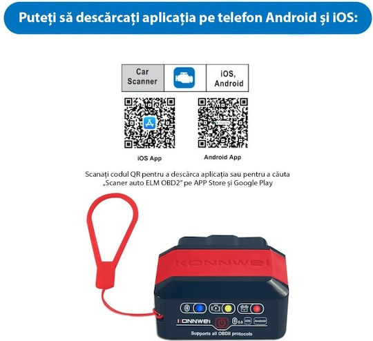 Konnwei Kw905 Auto Diagnosis Obd2 Bluetooth 5.0 On-off Button Compatible Android Ios Elm 327 Obdii Orange