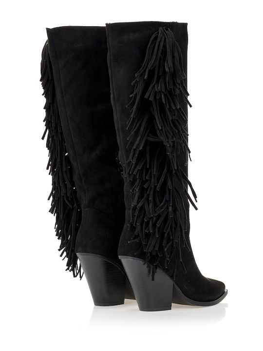 Suede High Heel Cowboy Boots with Zipper Black