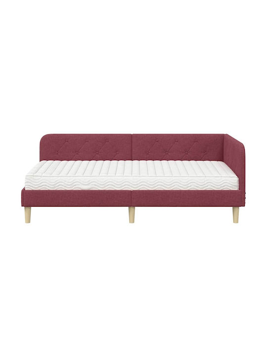Canapea Pat Single Tapitat cu Material Roșu cu Plăci pentru Saltea 90x200cm