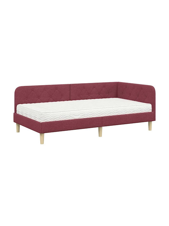 Canapea Pat Single Tapitat cu Material Roșu cu Plăci pentru Saltea 90x200cm