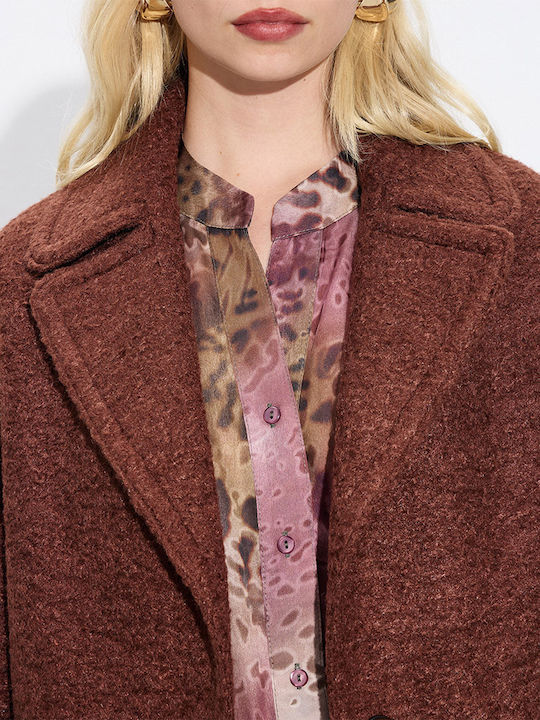 Curly Women's Brown Peacoat with Buttons