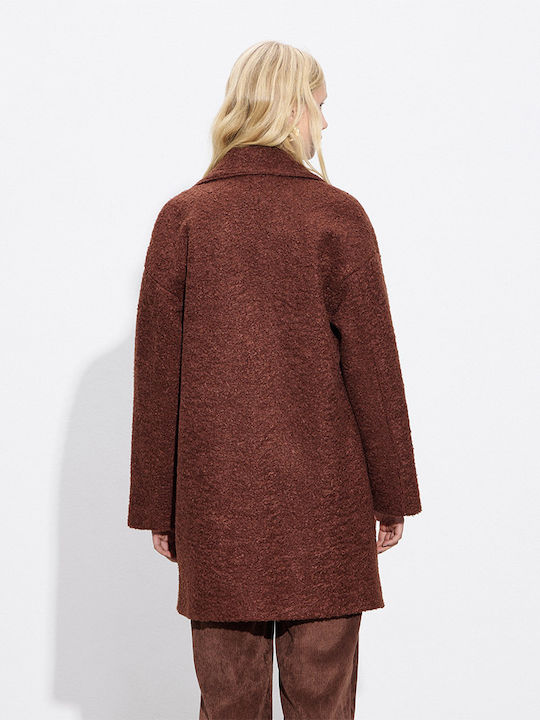 Curly Women's Brown Peacoat with Buttons