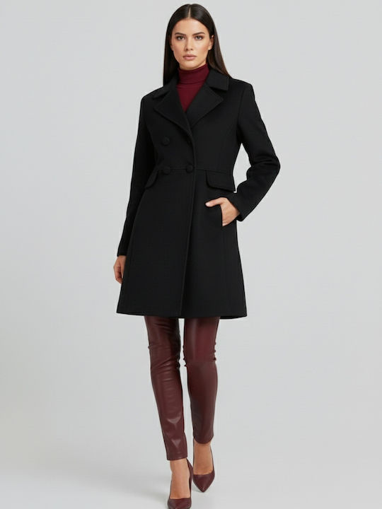 Women's Black Peacoat with Buttons