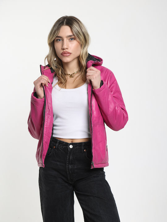 Women's Lifestyle Leather Jacket for Winter with Hood Black