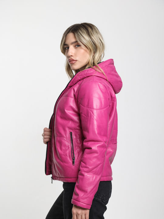 Women's Lifestyle Leather Jacket for Winter with Hood Black