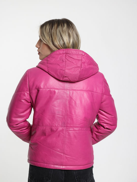 Women's Lifestyle Leather Jacket for Winter with Hood Black