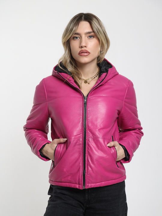 Women's Lifestyle Leather Jacket for Winter with Hood Black