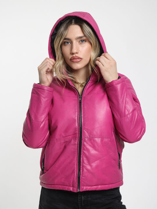 Women's Lifestyle Leather Jacket for Winter with Hood Black