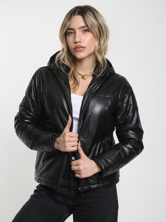 Women's Lifestyle Leather Jacket for Winter with Hood Black