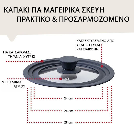 Fackelmann Cookware Lid Glass Silicone Ring 24-26-28cm Black