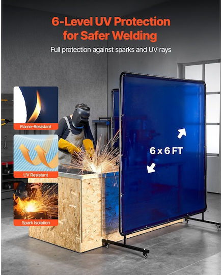 Vevor Welding Screen Welding Screen Frame Curtain 1.74 X 1.74 M Flame Resistant Vinyl Protective Screens Lockable Swivel Wheels UV Protection 6 Levels Laboratory Industrial Use Blue