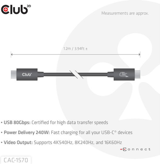 Club3D USB 2.0 Cable USB-C male - USB-C 240W PD Μαύρο 1.2m