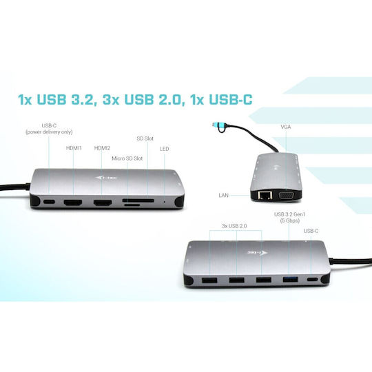 i-tec Nano Dock Thunderbolt 4 Docking Station με HDMI 4K PD Ethernet και συνδεση 3 Οθονών Ασημί