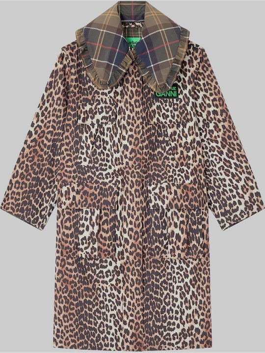 Ganni Women's Long Parka Jacket Waterproof for Winter with Hood Leopard Print