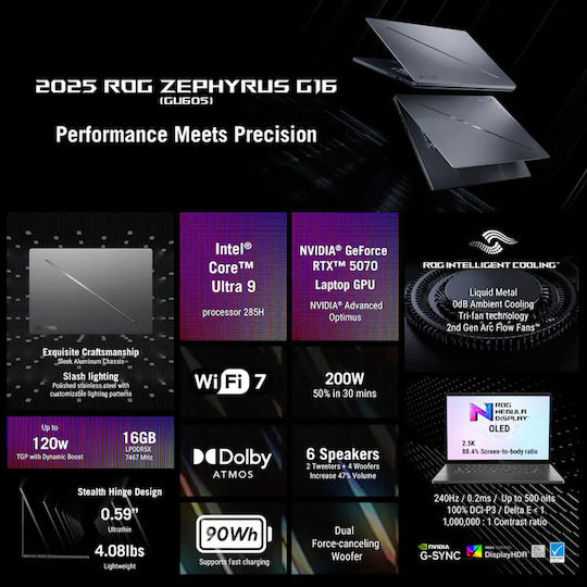 Asus ROG Zephyrus G16 GU605CP-G16 16" OLED QHD+ 240Hz (Ultra 9-16‑Core/16GB/1TB SSD/GeForce RTX 5070/W11 Home) Eclipse Gray (US Keyboard)