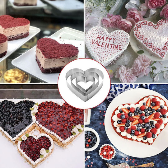 Set 3 Pufo Heart Cake Metal Molds In Heart Shape Cake Layers Pastries Steel Silver Romantic Durable