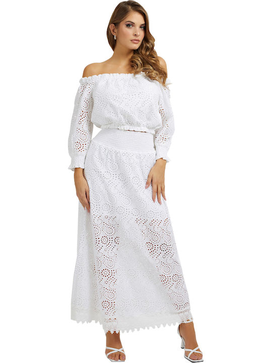 W3GH95WFDC0 Women's Summer Crop Top Off-Shoulder Cotton Long Sleeve with Boat Neckline White