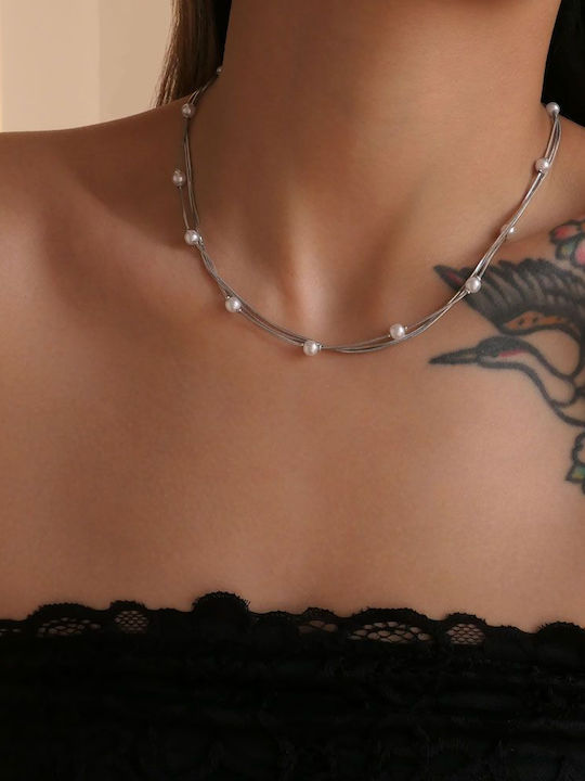 Awear Necklace Triple from Gold Plated Steel with Pearls