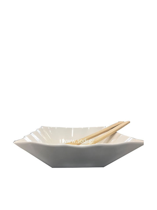 Cryspo Trio Square Porcelain Salad Bowl with Salad Spoons White 28x28x10cm 3pcs