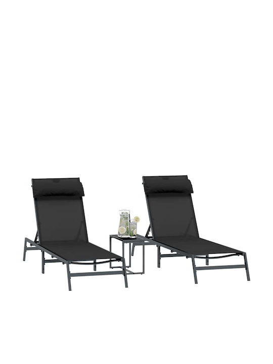 Deckchair Metallic with Cushion Black with Table 197x54x26cm.