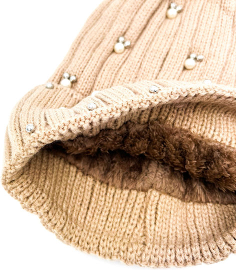Pom Pom Beanie Women's Fleece Knitted Beanie in Beige Color